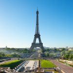 Eiffel Tower in Paris on a clear day, view from Trocadéro Gardens, showcasing one of the top tourist attractions in France.