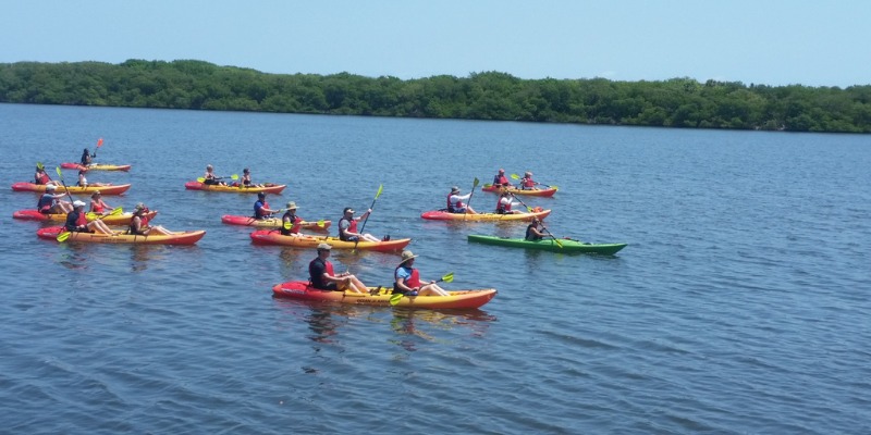 A group of people enjoy a sunny day kayaking at Palm Beach while paddling their colorful boats across the wide, calm water.