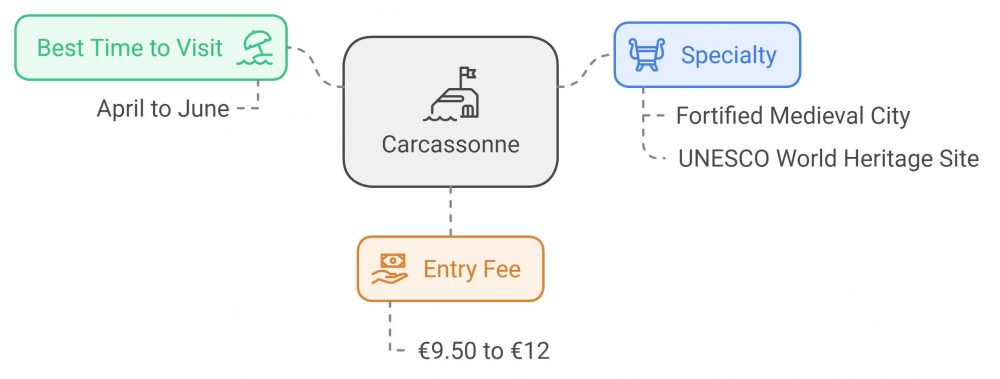 Diagram detailing information about Carcassonne, a fortified medieval city in France, including the best visit time from April to June and entry fees ranging from €9.50 to €12.