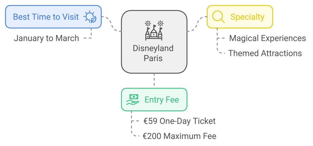 Diagram summarizing key tourist details for Disneyland Paris, including the best time to visit, and entry fees, and highlights , showcasing it as a top tourist attraction in France.