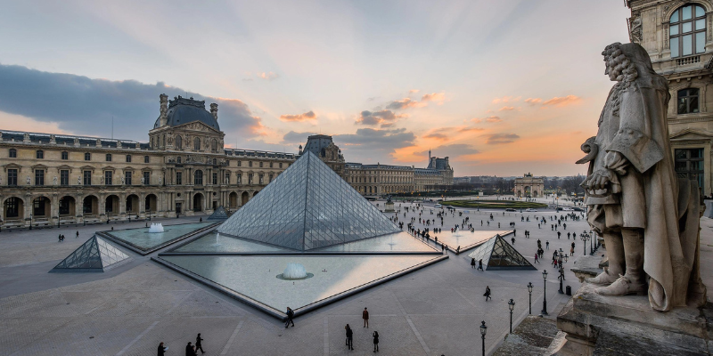 At sunset, the Louvre Museum showcases its glass pyramid and historic buildings, with visitors enjoying the warm sky above.