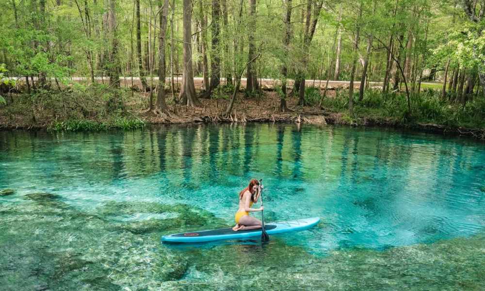 A woman paddles a paddle board across a serene, clear blue river, surrounded by lush greenery.