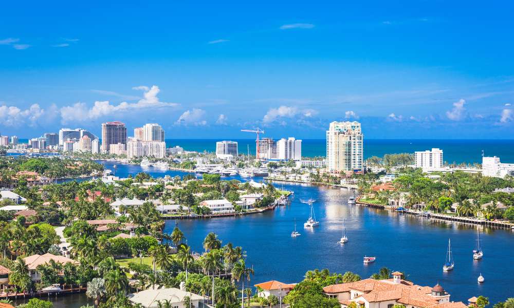 Bird's-eye view of Fort Lauderdale, Florida, featuring its coastal landscape and bustling urban environment.