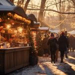 Visitors walk through a vibrant winter market at sunset, celebrating Christmas Day in New York City.