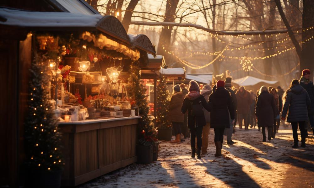 Visitors walk through a vibrant winter market at sunset, celebrating Christmas Day in New York City.