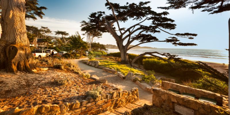 A stunning view of the ocean from a cliff, overlooking the beautiful beach of Carmel-by-the-Sea.