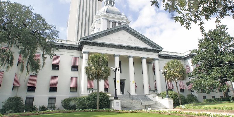 Tallahassee's State Capitol building, a prominent structure symbolizing Florida's government, is set against a vibrant backdrop.