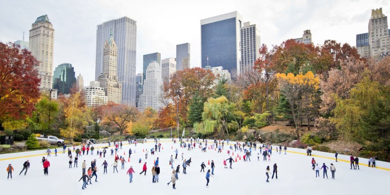 A lively ice rink in Central Park filled with skaters, showcasing the joy of winter activities in an urban setting.