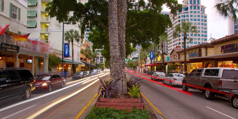 A lively street lined with palm trees and parked cars, capturing the essence of a warm, tropical atmosphere.