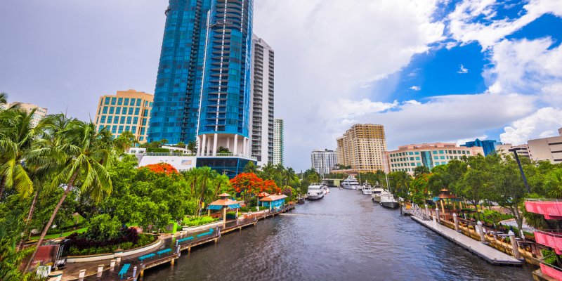 A picturesque view of Las Olas Boulevard, surrounded by towering buildings and swaying palm trees, reflecting the city's charm.