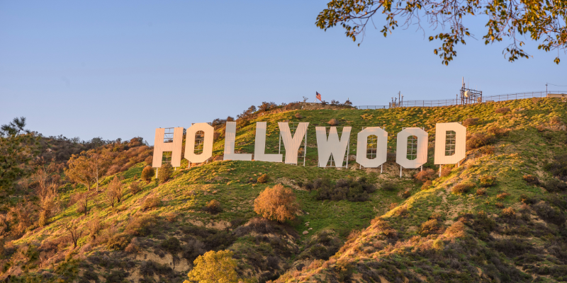 The Hollywood sign in Los Angeles, California, is a famous entertainment capital landmark.