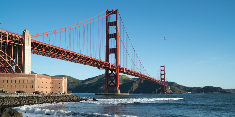 The iconic Golden Gate Bridge in San Francisco connects the city to Marin County with its striking design.