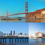 Four images showcasing the Golden Gate Bridge, highlighting its beauty over San Francisco Bay from various angles.