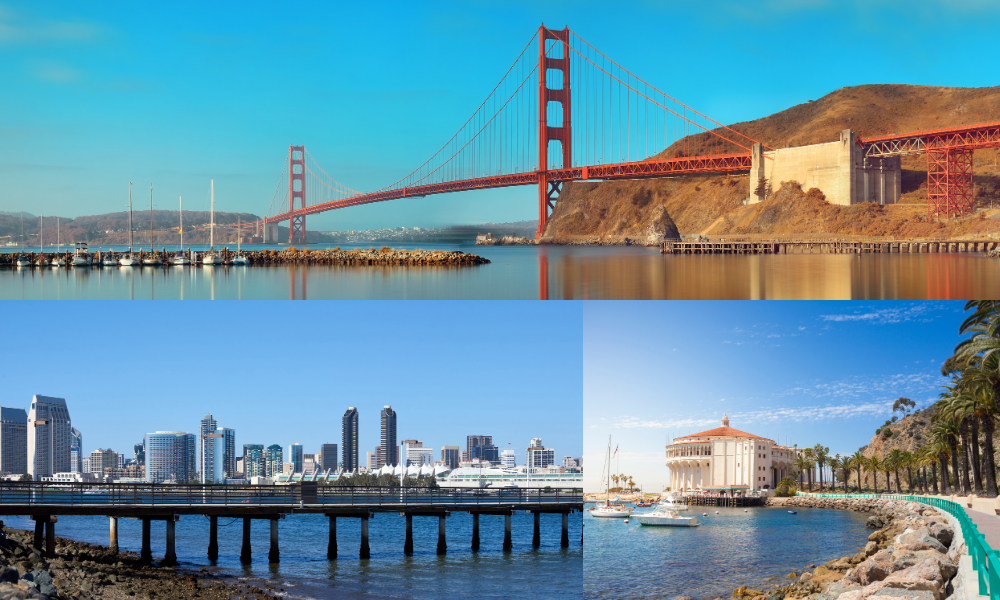 Four images showcasing the Golden Gate Bridge, highlighting its beauty over San Francisco Bay from various angles.