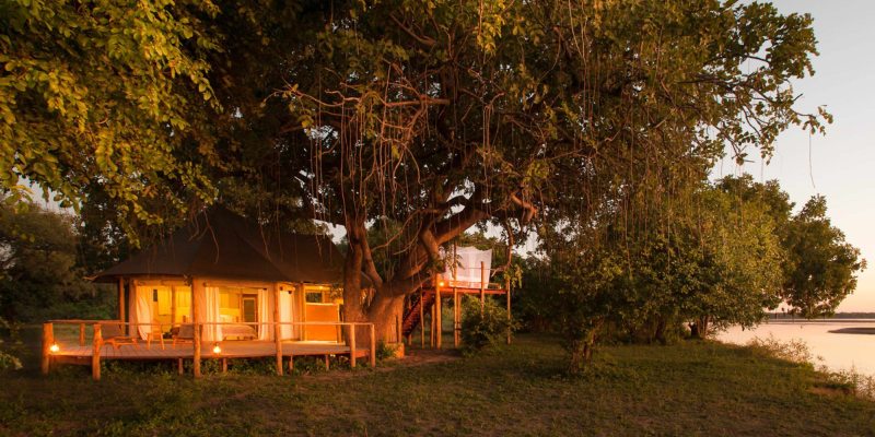 A charming tree house perched on the riverbank, surrounded by lush greenery and reflecting in the water below.