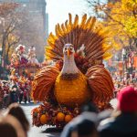 A colorful parade float adorned with a giant turkey, showcasing Thanksgiving festivities in California.