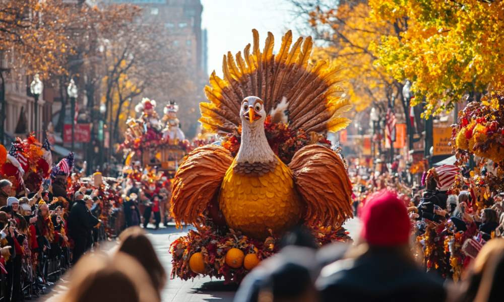 A colorful parade float adorned with a giant turkey, showcasing Thanksgiving festivities in California.