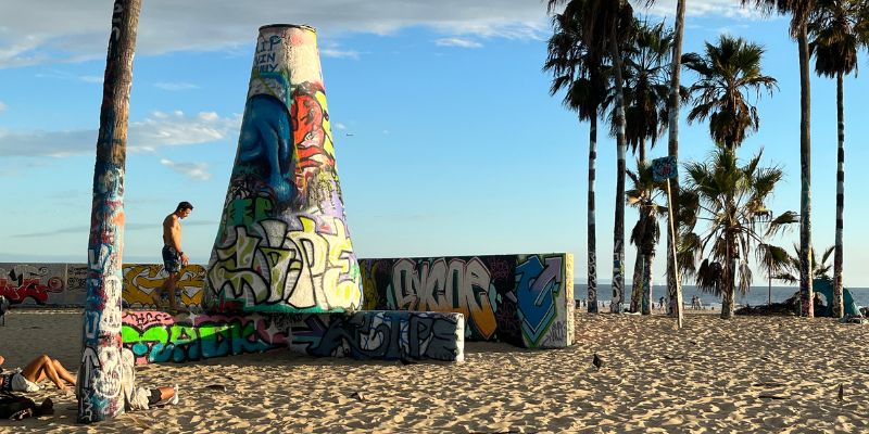 A skateboarder rides on the beach, with colorful street art and murals of Venice Beach in the background.