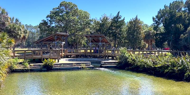 A serene park scene featuring a bridge spanning a pond, surrounded by lush trees and green grass.