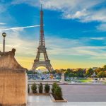 A stunning view of the Eiffel Tower in Paris, France, showcasing its iconic structure against a clear blue sky.