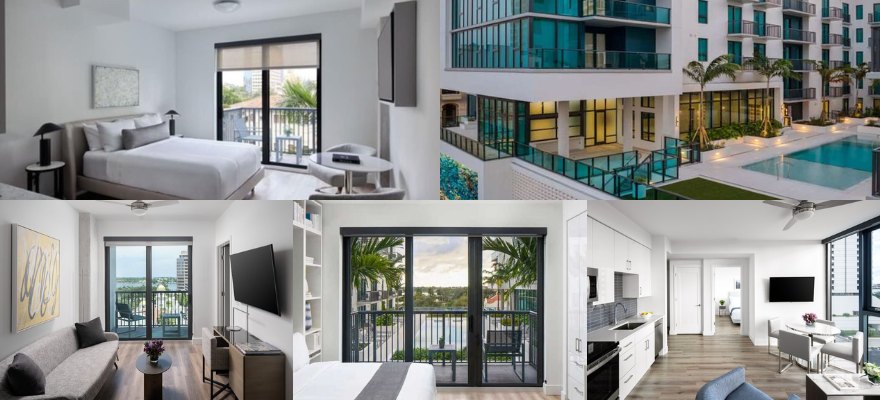 A collage of images displaying a hotel room and apartment at Aka West Palm, highlighting a beautiful pool view.