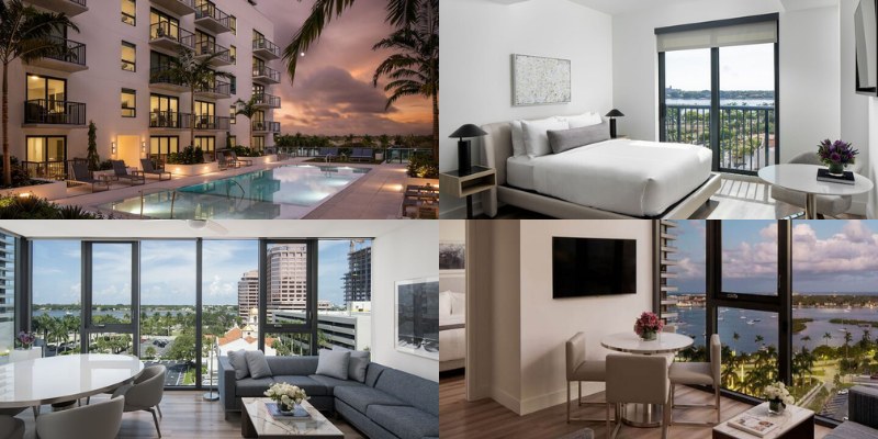 Four images showcasing a hotel room with a pool and stunning ocean views at Aka West Palm.