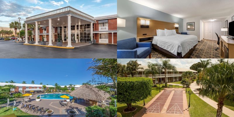 Four visuals of Best Western Palm Beach Lakes featuring the hotel, a serene pool, and a car in the foreground.