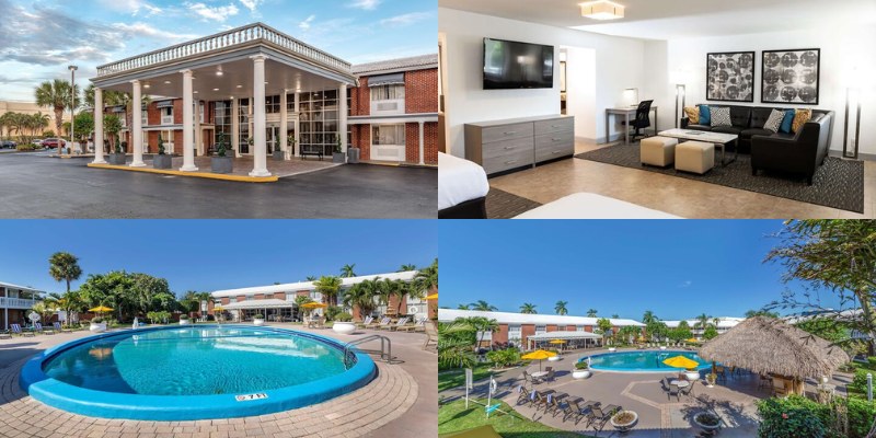 Four views of the Best Western Palm Beach Lakes, including the inviting pool and spacious patio.