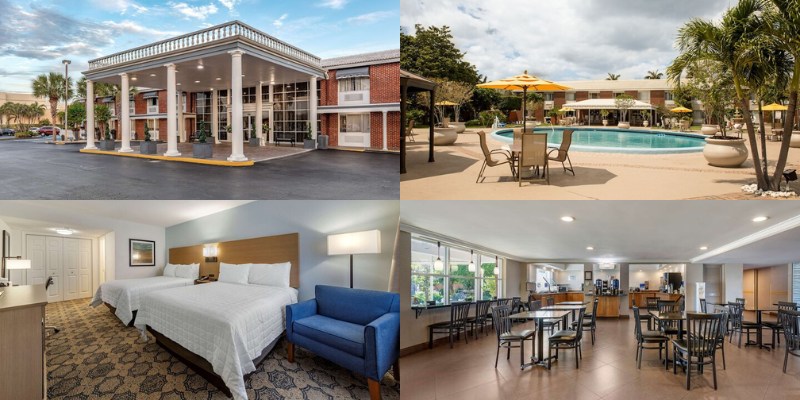 A collage of four images featuring the hotel room and the inviting pool area at Best Western Palm Beach Lakes.