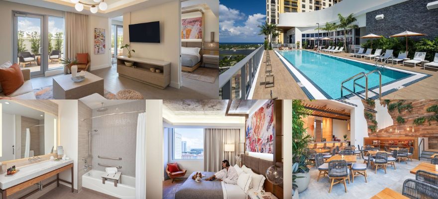 Images from Canopy by Hilton West Palm Beach Downtown, highlighting various hotel rooms, dining, a washroom, and scenic views.