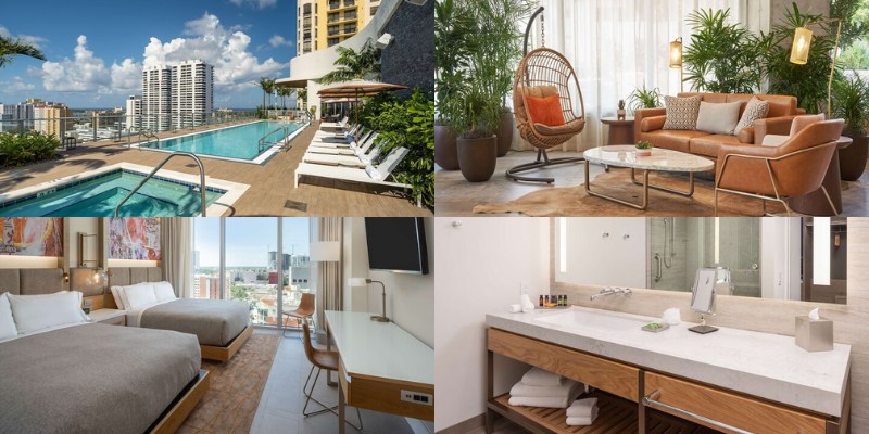 Four images of Canopy by Hilton West Palm Beach Downtown: a cozy bed, a stylish couch, and a refreshing pool area.