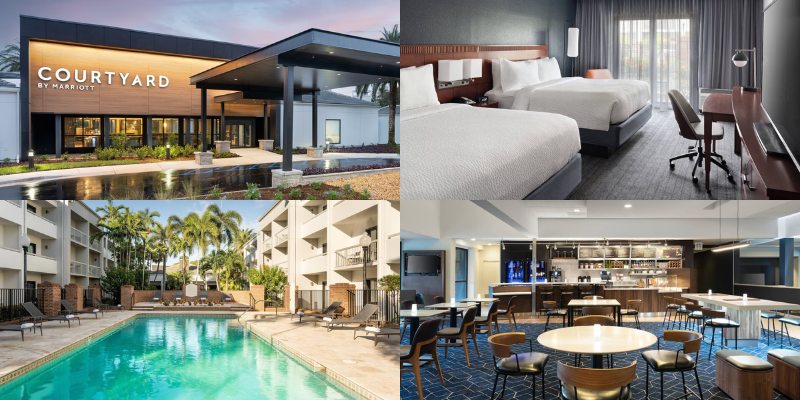 Courtyard by Marriott Fort Myers highlights include a sleek facade, refreshing pool, cozy dining space, and elegant guest room.