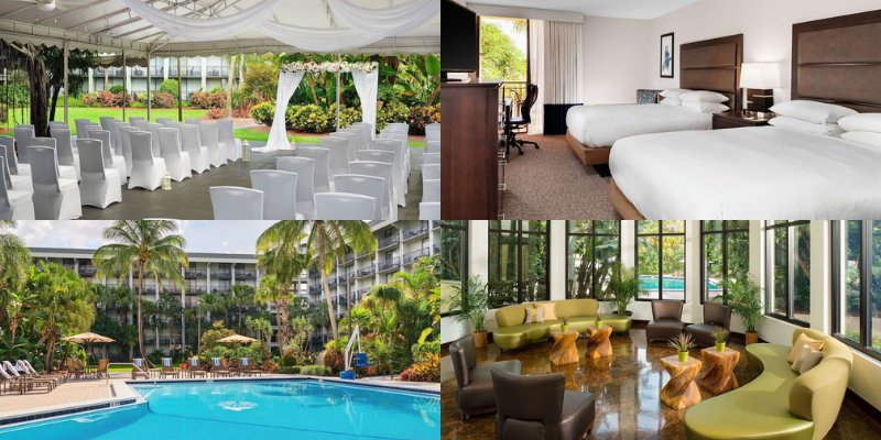 Four images showcasing the elegant hotel room, inviting pool, and beautiful outdoor area at Doubletree by Hilton Palm Beach Gardens.