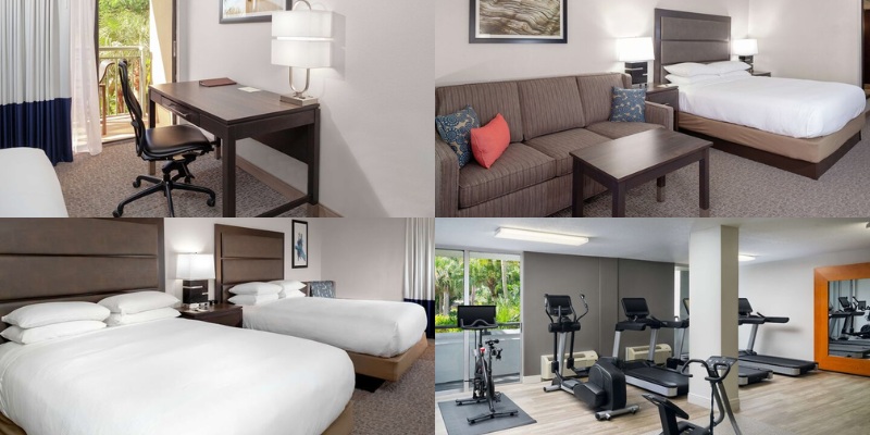 Four views of a hotel room at Doubletree by Hilton Palm Beach Gardens, showcasing a bed, desk, and fitness gear.