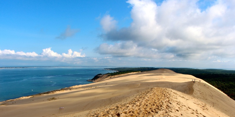 A panoramic view of the ocean and sand dunes from a high vantage point at Dune du Pilat in France.