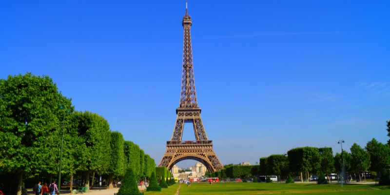 A stunning view of the Eiffel Tower in Paris, France, highlighting its intricate design and cultural significance.