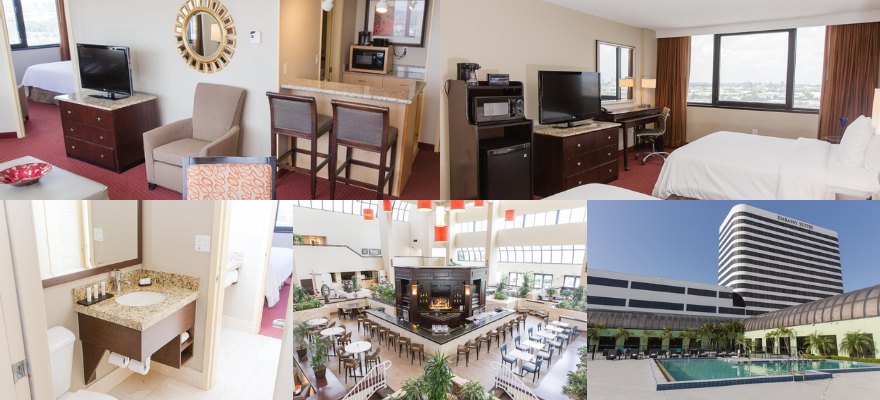 Four snapshots of Embassy Suites by Hilton West Palm Beach Central featuring a pool, inviting bed, and stylish television.