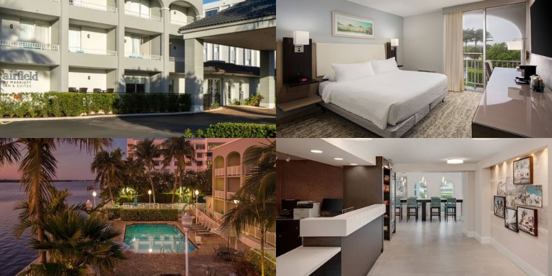 Four visuals of Fairfield Inn & Suites by Marriott Palm Beach, displaying the hotel, inviting pool, and beautiful beach.