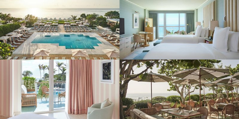 A collage showcasing Four Seasons Resort Palm Beach with a luxurious hotel room, an inviting pool, and stunning beach views.