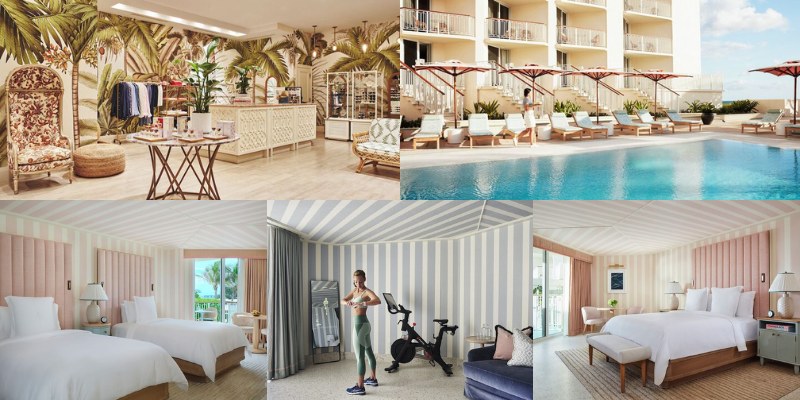 Pictures of a stylish hotel room with pool access and beach scenery at Four Seasons Resort Palm Beach.