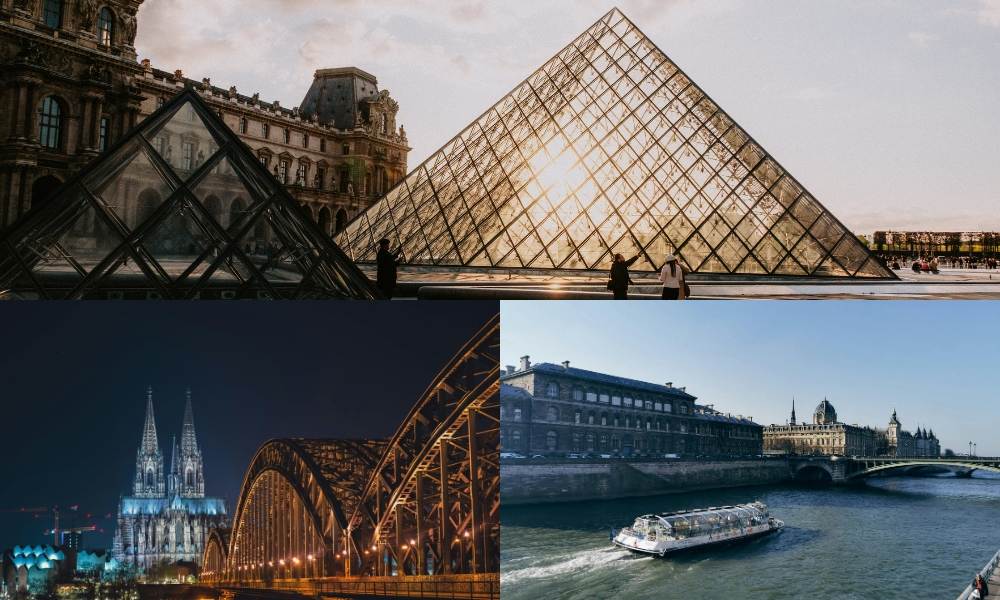 Four images showcasing iconic buildings alongside a picturesque river, highlighting France's beautiful tourist attractions.