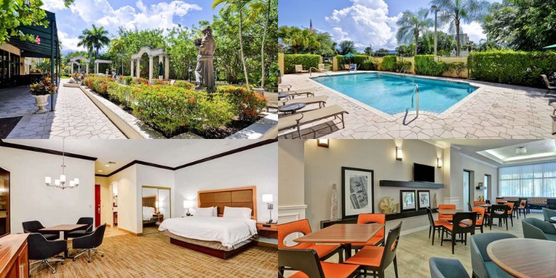 Four images showcasing the Hampton Inn Palm Beach Gardens: hotel room, pool, and patio area.