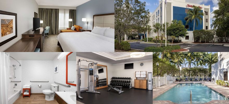 Snapshots of Hampton Inn by Hilton West Palm Beach Central Airport, featuring a hotel room, pool, and gym amenities.