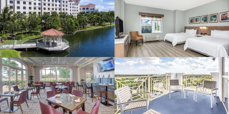 Four images showcasing a hotel room, pool, and gazebo at Hilton Garden Inn Palm Beach Gardens.