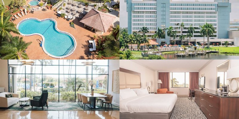 Four distinct pictures of the Hilton Palm Beach PBI, displaying the hotel and its relaxing pool area.