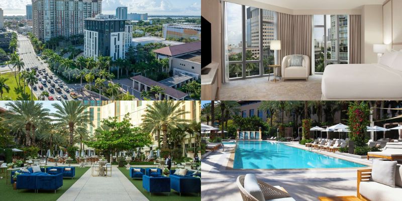 Four images showcasing Hilton West Palm Beach with a hotel exterior, a pool area, and a cozy hotel room.