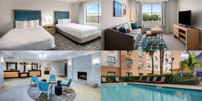 Four visuals of a hotel room, pool, and television from Homewood Suites West Palm Beach.