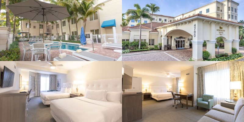 Collage of four images featuring a hotel room, pool, and patio at Homewood Suites by Hilton Palm Beach Gardens.