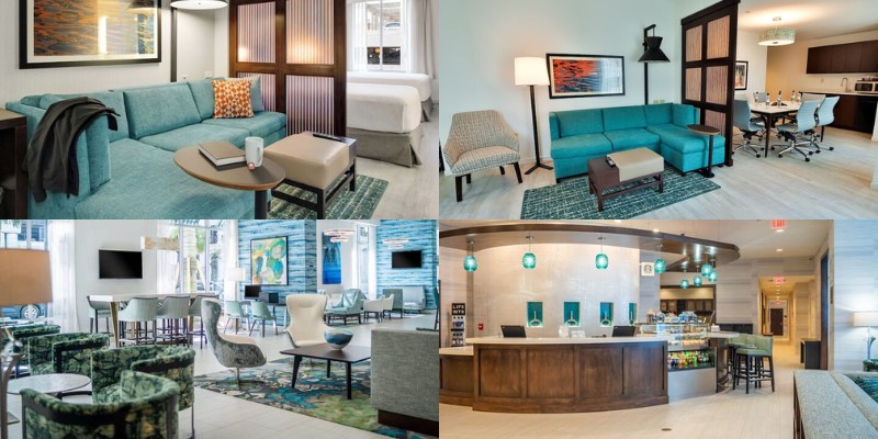 A collage of four photos featuring the elegant lobby and inviting living room at Hyatt Place West Palm Beach / Downtown.