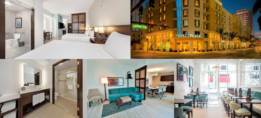 Five distinct views of hotel rooms, hotel font view, and the lobby area at Hyatt Place West Palm Beach / Downtown.